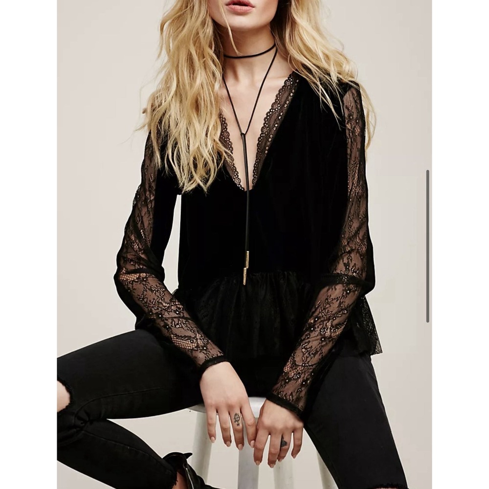 Free People Lolita Black Velvet Lace Peplum Top Blouse Women's Size Medium NWT